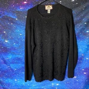 Tiara- Black Beaded Floral Long Sleeve Top size PL